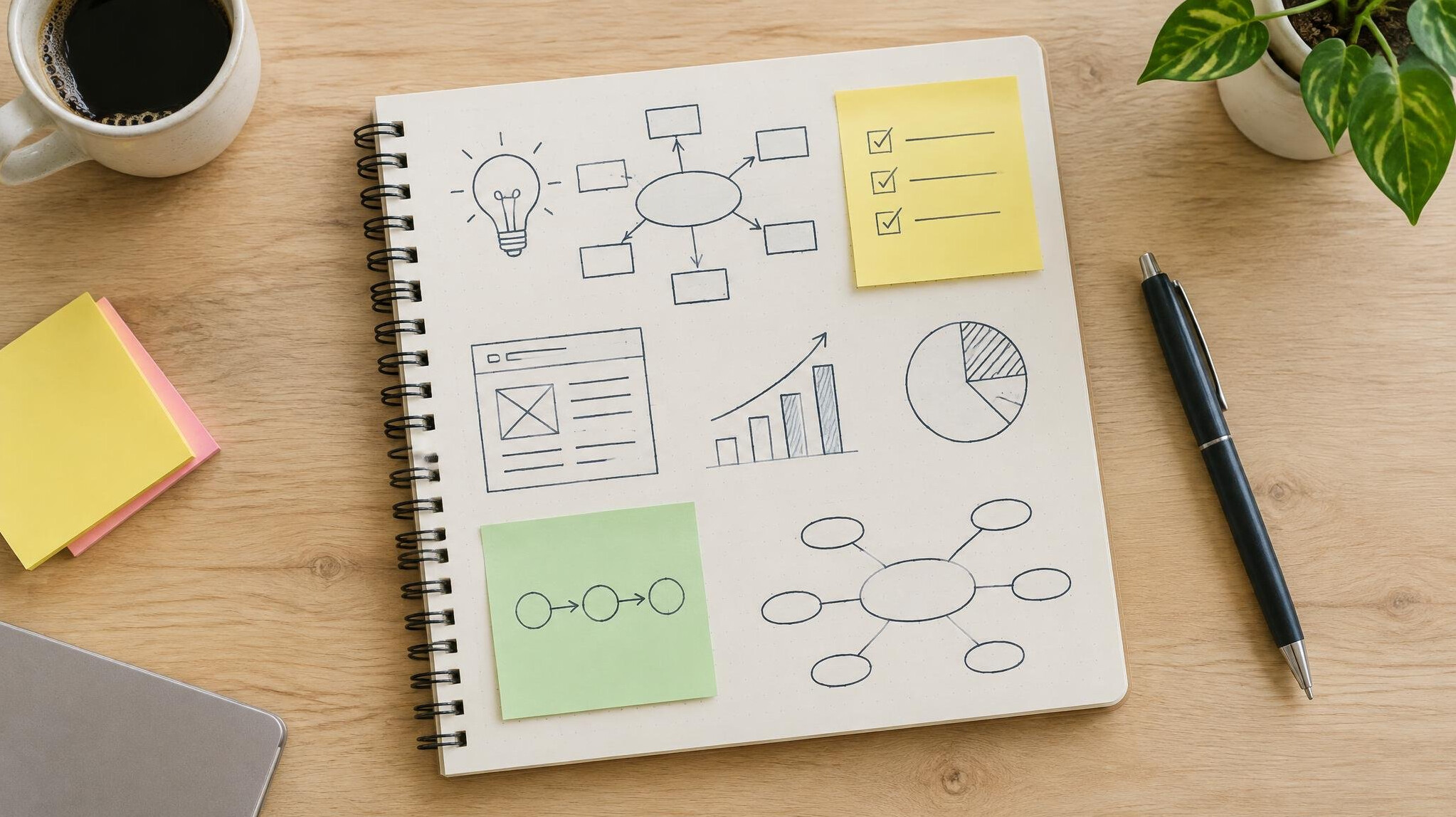 Notebook with planning sketches and a pen on a table