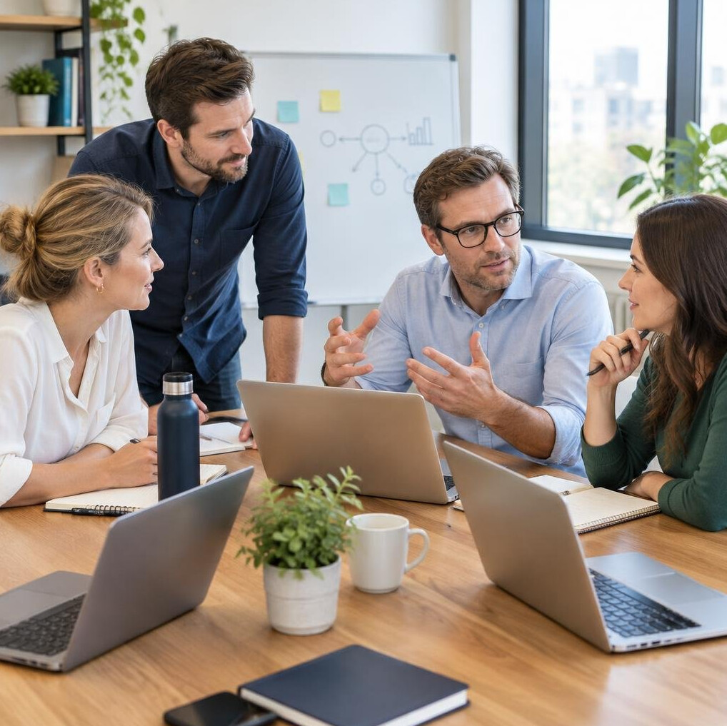 Group of colleagues collaborating around a table with laptops