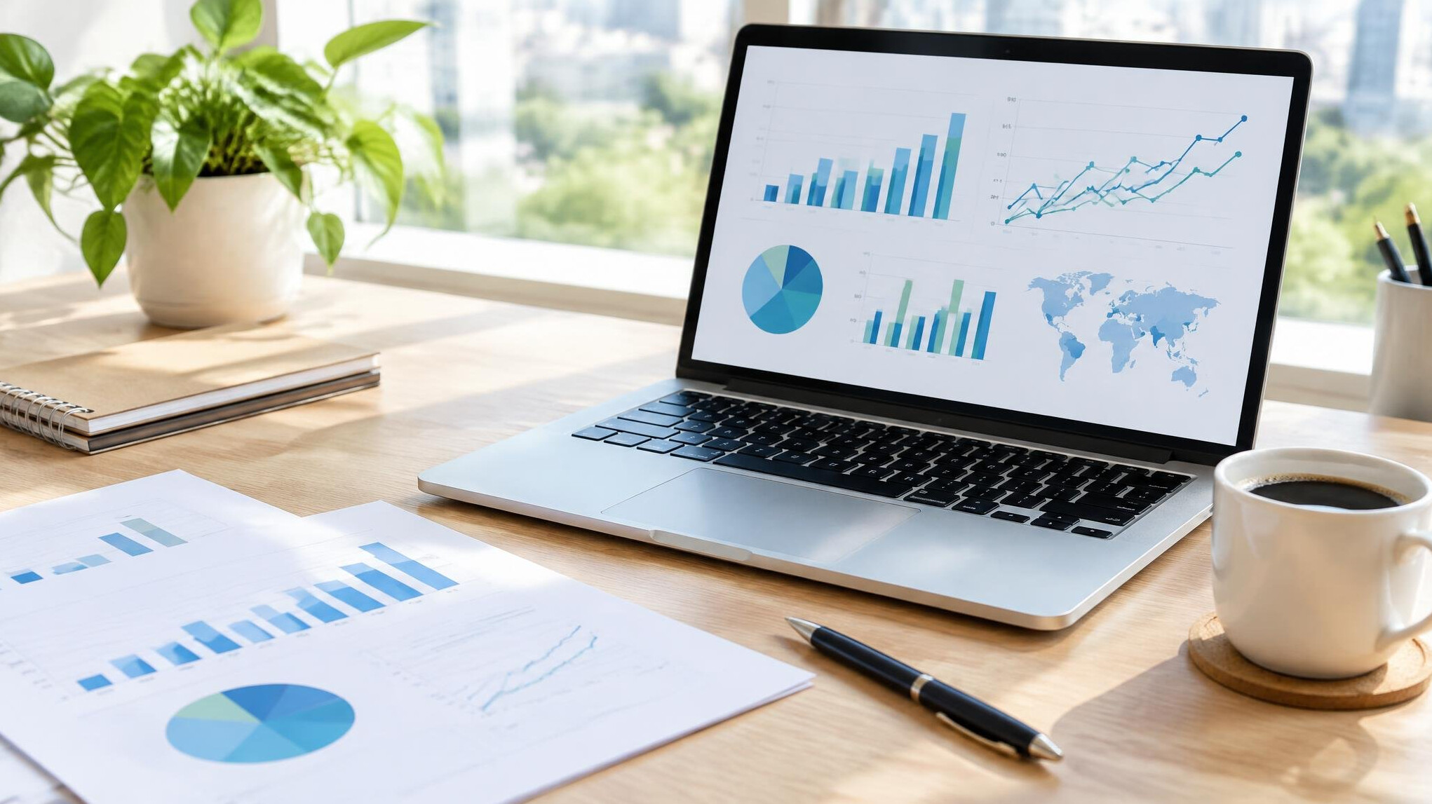 Laptop with business charts and documents on a desk