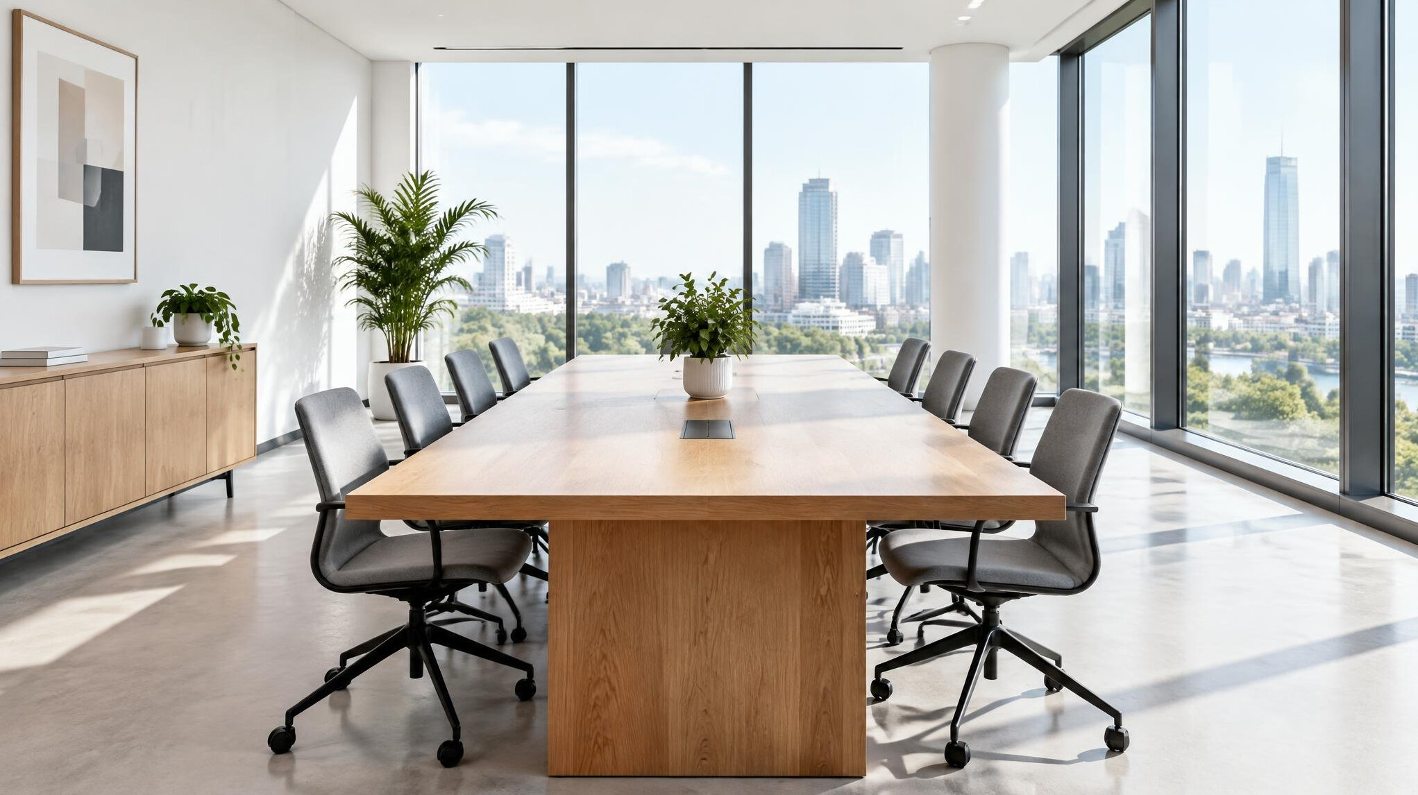 Bright office space with a large table and windows