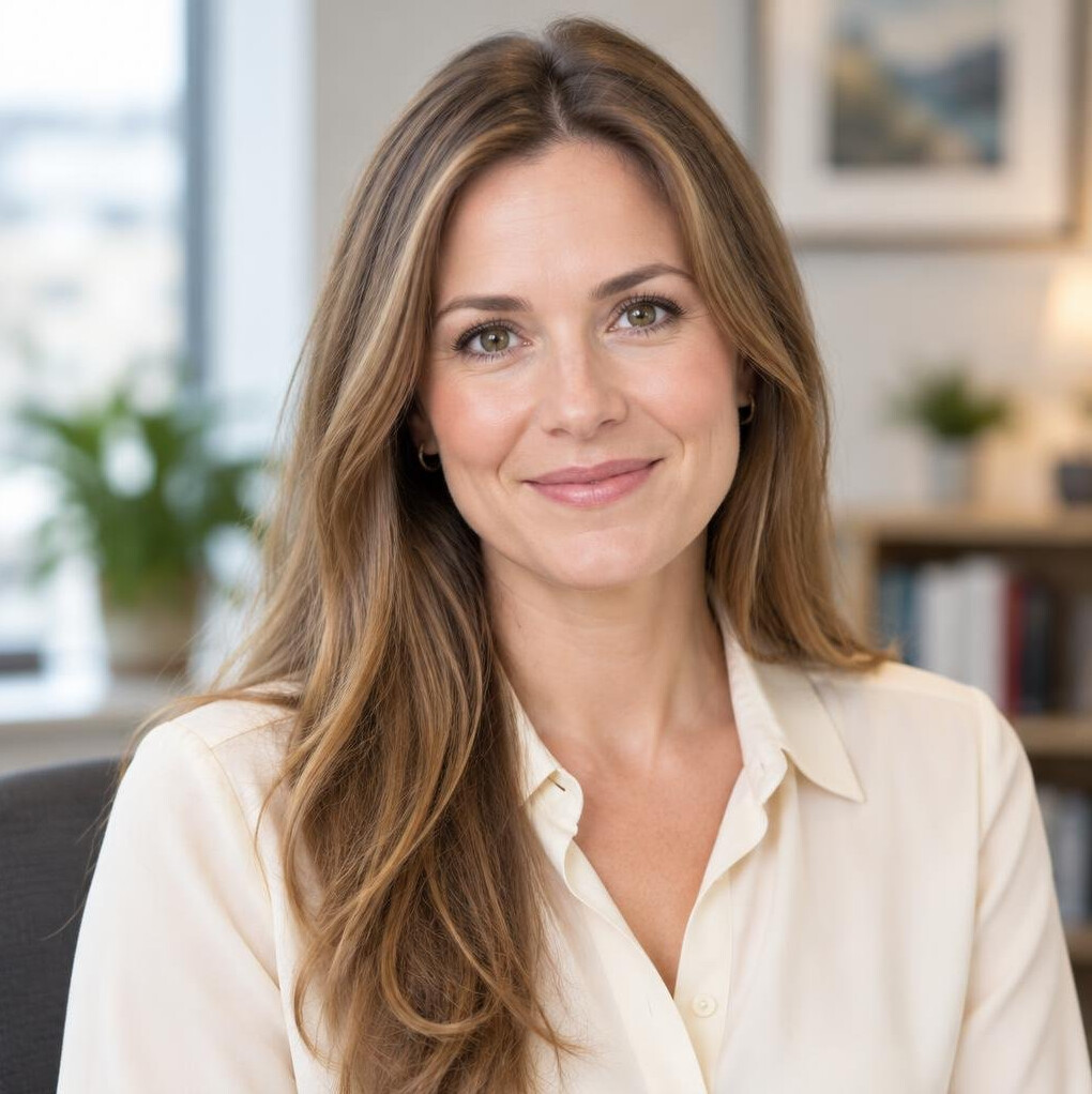 Portrait of a professional woman with long hair in an office